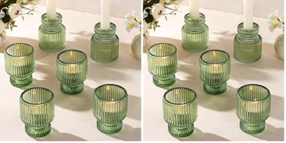 6 Pcs Green Candlestick Holders - Glass Taper Candle Holders Tealight Votive Candle Holders for Table Centerpieces, Wedding, Dinner Party, Home, Gifts (Pack of 2) - color: Green, size: 6Pcs (Pack of 2)