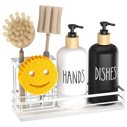 Moforoco Kitchen Dish Soap Dispenser Set, 16OZ Glass Bottle, Hand and Dish Soap Dispenser Set, Instant Dry Tray, Brush Holder with Smiley Face Sponge Holder (White Tray+Black&White Bottle) - color: White Tray+black&white Bottle