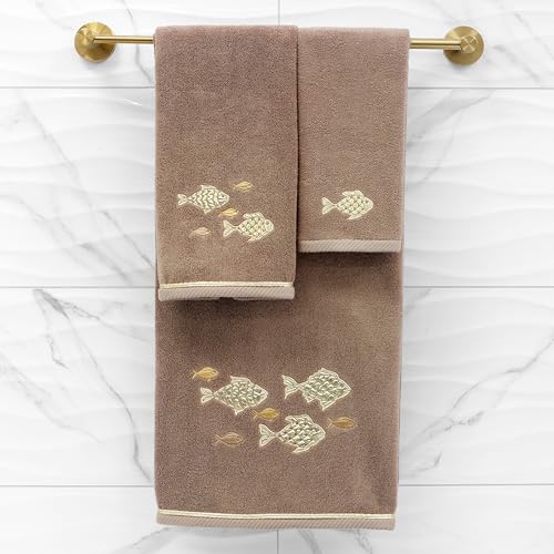 Treasure 4-Piece Premium Towel Set, Sparkling Applique Fish, Ultra Plush Turkish Cotton, Durable, Perfect for Bathroom, 2 Bath 2 Hand Towels, Cocoa - color: Cocoa, size: 2 Pcs Bath 2 Pcs Hand Towel