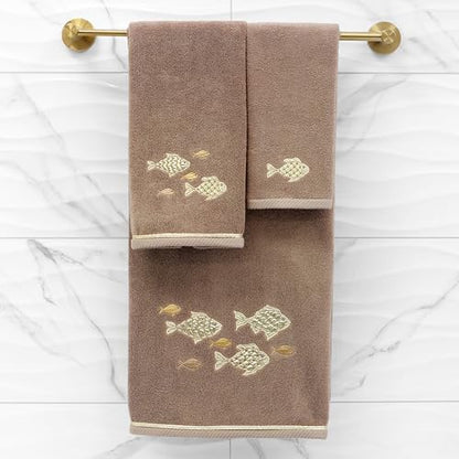 Treasure 4-Piece Premium Towel Set, Sparkling Applique Fish, Ultra Plush Turkish Cotton, Durable, Perfect for Bathroom, 2 Bath 2 Hand Towels, Cocoa - color: Cocoa, size: 2 Pcs Bath 2 Pcs Hand Towel