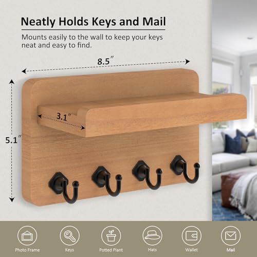 Nekon Key Holder Wall Mount, 8.5 Inch Small Wooden Wall Organizer, Wood | Rustic Wall Shelf, Farmhouse Key and Mail Holder for Living Room Entryway Kitchen - color: Wood