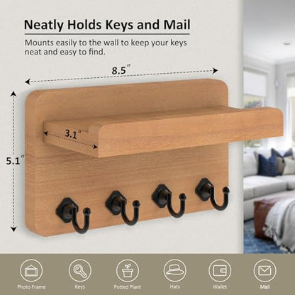 Nekon Key Holder Wall Mount, 8.5 Inch Small Wooden Wall Organizer, Wood | Rustic Wall Shelf, Farmhouse Key and Mail Holder for Living Room Entryway Kitchen - color: Wood