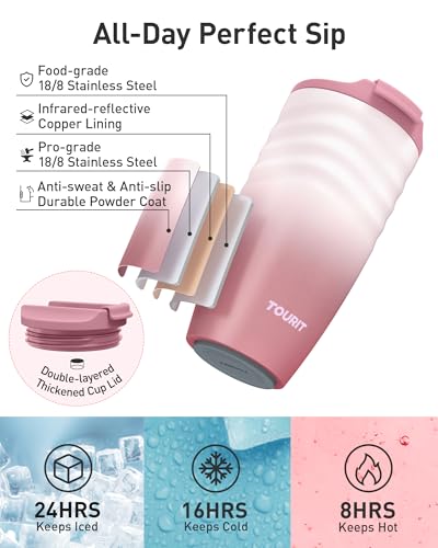 TOURIT 16 oz Insulated Travel Coffee Mug Stainless Steel Tumbler, Rose | Vacuum insulated travel mug with ripple-wave anti-slip grip, leakproof lid & silicone bottom, fits standard car cup holders - color: Rose, size: 16 Ounces