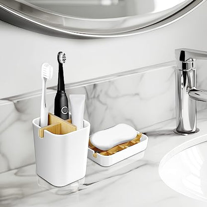 Toothbrush Holders and Soap Holder Set, Bathroom Accessories Countertop | 4 Slots Brush Holder, Plastic Soap Dish Tray, Bathroom Countertop Storage - color: White