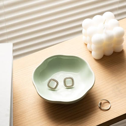BEUNAIZER Ceramic Ring Dish, 4.3 in Flower Jewelry Tray with Raised Sides | Deep flower shape helps hold more small items and reduces the chance of jewelry sliding out. - color: green