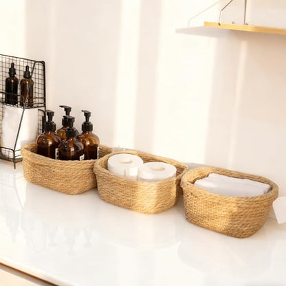Square Seagrass Storage Baskets Set of 3, Hand Woven Stitched Rolled Edge Baskets, Boho Decorative Woven Baskets for Bathroom Kitchen Living Room Nursery