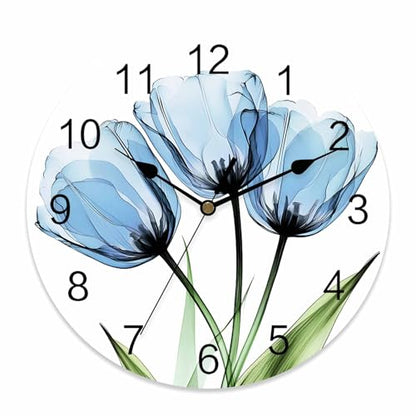 Yukro 10 Inch Blue Tulip Wall Clock, Country Flower Farmhouse Battery Operated Silent Non Ticking Clocks, Easy to Read Round Wall Clock for Kitchen/Living Room/Bedroom/Office - color: Lake Blue Green, size: 10 Inch