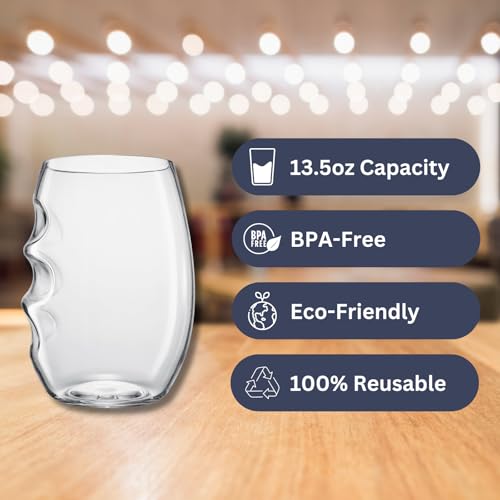 Unbreakable European Plastic Crystal, Stemless Wine Glasses | Set of 12, 13.5 OZ | Acrylic Tritan Set with 3-Finger Indentations - Clear Short Tumbler Set, BPA Free, Reusable, Naturally Aerates Wine - color: Clear, size: Set of 12