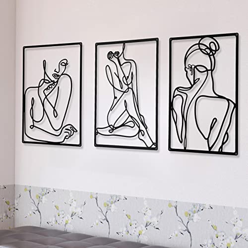 CHENGU 3 Pieces Metal Minimalist Abstract Woman Wall Art Line Drawing Wall Art Decor Single Line Female Home Hanging for Kitchen Bathroom Living Room - style: Vibrant Style