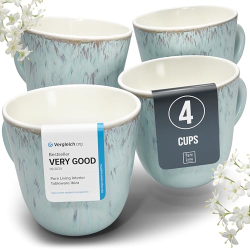 Stoneware Coffee Mug Set of 4, Stylish Modern Beige-Blue Cups, 14.5 Oz Ceramic, Dishwasher and Microwave Safe, Solid Mediteran Set - color: beige / beige-blue, size: Mugs (4x)