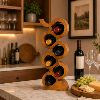 Handmade Solid Acacia Wood Wine Bottle Holder, 6-Bottle Large Chain Wine Rack, Rustic Countertop Wine Storage, Decorative Home Bar Display - size: 6-Bottle