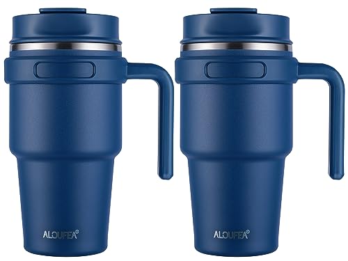 20 oz Insulated Travel Coffee Mug Tumbler with Handle and Straw | Leakproof Stainless Steel Coffee Cup with Lid, Double Wall Vacuum Ice Thermal Cup, Navy, 2 Pack - color: .Navy, size: 2 Count (20 oz)