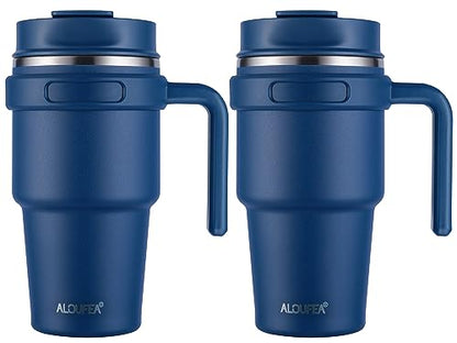 20 oz Insulated Travel Coffee Mug Tumbler with Handle and Straw | Leakproof Stainless Steel Coffee Cup with Lid, Double Wall Vacuum Ice Thermal Cup, Navy, 2 Pack - color: .Navy, size: 2 Count (20 oz)