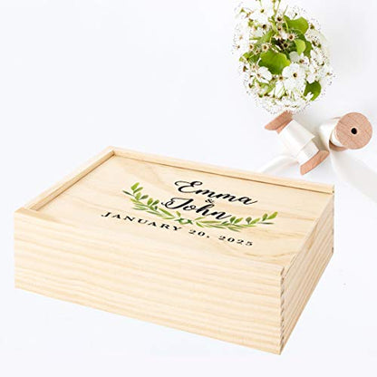 Koyal Wholesale Custom Willow Branch Leaves Cursive Couple Names Wedding Keepsake Box, 4 x 6 -inch, Custom Date, Wood - color: Cursive Willow Branch Leaves