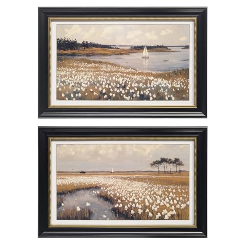 Gatheroad Large Black Gold Framed Wall Art Set of 2, Retro Countryside Wildflower Field Landscape Canvas Prints, Modern Home Artwork Pictures for Living Room Bedroom Above Bed Wall Decor, 24x16 Inch - color: Black Wildflower, size: 16X24inch