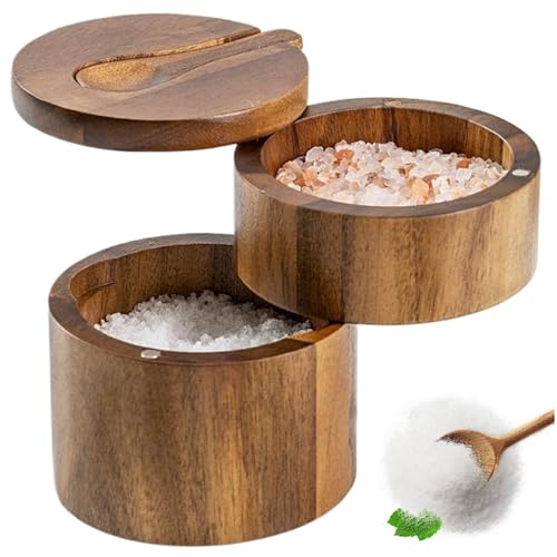 Salt Box with Swivel Lid & Spoon Double-Layer Wooden Salt Box with Lid Compact Stylish Cella with Magnetic Rotating for Spices & Seasonings