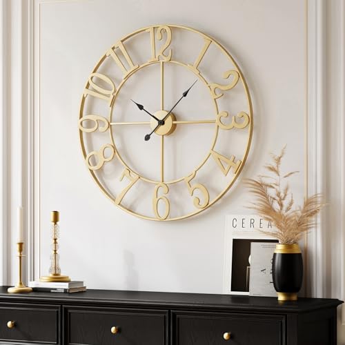 Cuspin 20 Inch Wall Clock Gold, Large Decorative Wall Clocks Battery-Operated, Modern Metal Round Clock Silent Non Ticking Arabic Numerals for Living Room Kitchen Mantel Office Decor - color: Gold Arabic Number, size: 20 Inch