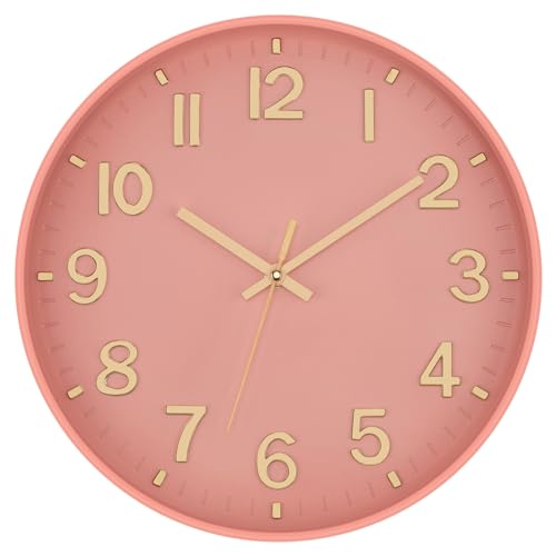 Lumuasky Wall Clock Pink Modern 12 Inch Battery Operated Silent Non-Ticking Decorative Clock for Living Room Bedroom Office Kitchen School Classroom Nursery Decor, 3D Numbers Easy to Read - color: Pink-gold, size: 12 Inch