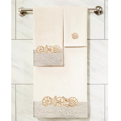 Seaside 4-Piece Luxury Towel Set, Sparkling Seashell Applique, Plush Turkish Cotton, Durable & Quick Dry, Nautical Bath Ensemble, 2 Bath 2 Hand Towels, Beige - color: Beige, size: 2 Pcs Bath 2 Pcs Hand Towel