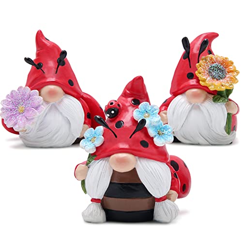 Hodao Spring Ladybug Gnome Decor Set of 3, Resin Floral Figurines for Tiered Tray Shelf Table Display, Cute Farmhouse Home Accent, Year Round Gift for Women, Friends and Family - style: Ladybug Gnome