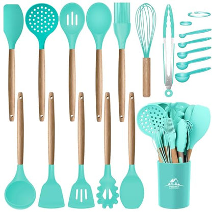MIBOTE Silicone Cooking Kitchen Utensils Set, Wooden Handle, Teal | BPA-Free, Non-Toxic Silicone Turner, Tongs, Spatula, Spoon Set – Great for Nonstick Cookware, Heat-Resistant, Easy Clean - color: Green