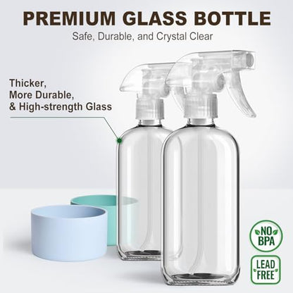 Glass Spray Bottles with Silicone Sleeves (2 Pack, 16 oz), Mist and Stream | Heavy-Duty Sprayer, Premium Glass, Leaks and Clogs Free, for Cleaning Solutions, Planting, Hair Spraying - Funnel Included