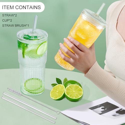 Luiaiog Glass Cups with Lids and Glass Straws, High Borosilicate 20OZ Tumblers (2Pcs) for Coffee, Tea, Juice, Smoothies, Hot/Cold Drinks at Home, Office（Creative Drink Label Design） - color: Creative Label 2pcs 20oz