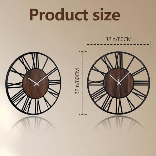 Large Lighted Wood Wall Clock Remote Control, Roman Numeral Modern Decorative Clock with Silent Movement, Battery Operated Clocks for Living Room Decor - size: 32inch-80cm