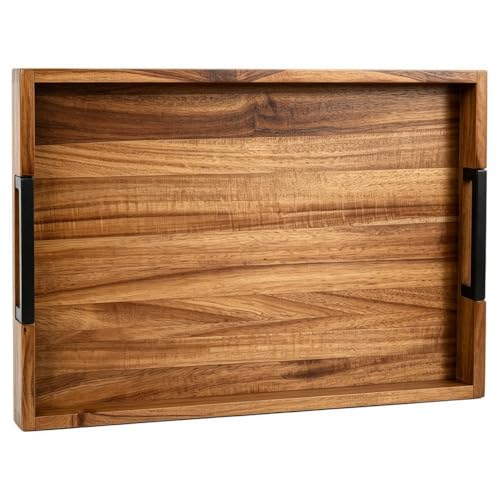 Large Ottoman Tray for Living Room and Coffee Table, Decorative Acacia Wood Serving Tray with Metal Handles for Breakfast in Bed, Dinner Food Kitchen TV (Natural, 20" x 14" x 2") - size: 20" x 14" x 2"