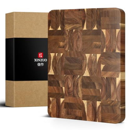 XINZUO Large Thick End Grain Acacia Wood Cutting Board -(16‘’L x 12''W x 1.6''T)-Dark Wood Cutting Board,Reversible Wooden Chopping Board with Non-Slip Feet-Catches Food and Waste-Giftbox - size: 16"L x 1"W