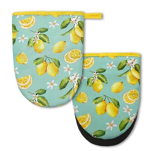 Lemon Mini Silicone Oven Mitts 2-Pack Set, Heat Slip Resistant Kitchen Gloves, Soft Short Oven Mittens for Safe Cooking Baking Grilling - color: Lemon
