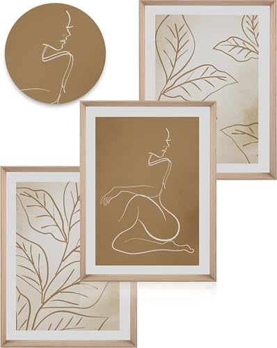 UPWOIGH Neutral Boho Line Art Framed Wall Art, 12 x 16 Inch, Set of 3 | Female Figure and Botanical Line Prints, Beige and Brown Earth Tones, Light Wood Frames for Bedroom, Office and Gallery Wall - color: Boho Brown