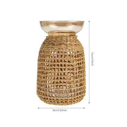 Ipetboom Rattan Cover Small Glass Flower Vase Amber Inner Bottle Decorative Straw Holder for Desktop Flower Arrangement Home Living Room Décor