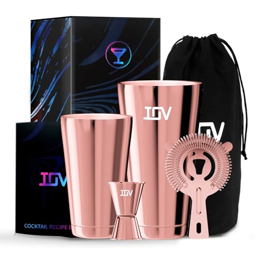 IOV Boston Cocktail Shaker Bar Set, Bartender Kit Drink Mixer Set with 18 oz & 28 oz Boston Shakers, Hawthorne Strainer, Double Jigger, Bar Tool Kit and Recipe Booklet - Rose Gold - color: 3 Pcs - Rose Gold