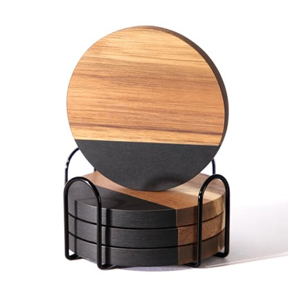 WLWNWFT Black Marble Acacia Wood Drinks Coasters Set of 4 with Holder, Modern Rustic Wooden Coasters for Drinks Coffee Table Dining Table Desk Christmas Housewarming Home Office
