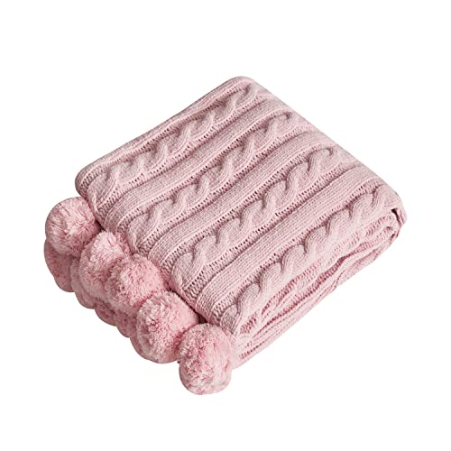 Chenille Chunky Knitted Throw Blanket with 14 pcs Pom Poms Tassel Super Soft Cozy Warm Blanket for Sofa Bed Soft Couch 50 x60 inches (Pink)?-¡­ - color: Pom-pom-pink, size: Throw 50"X60"