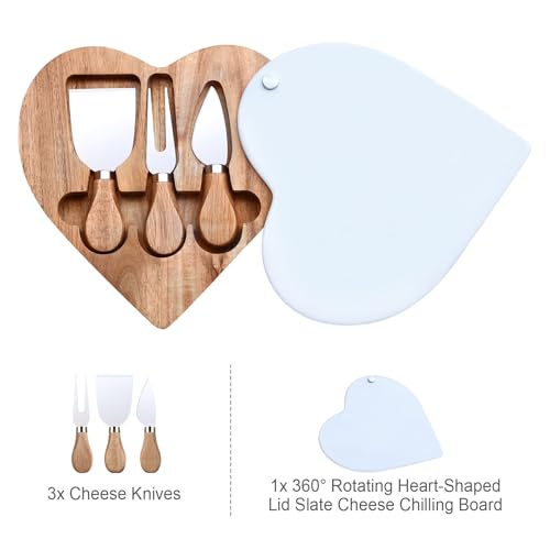 8.2" Valentine Heart-Shaped Acacia Wood Cheese & Charcuterie Board with 360° Rotating Marble Lid and Cheese Utensil Set (Spade, Knife, Fork) - Housewarming, Birthday & Wedding Gift - size: Heart Shaped 8.2"