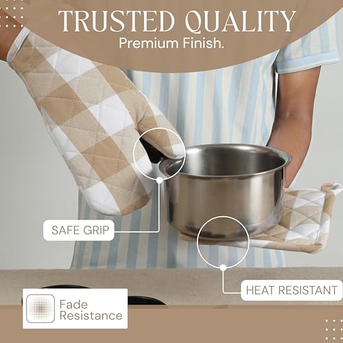 Buffalo Plaid Check Oven Mitts and Pot Holders Set, 100% Cotton, Heat Resistant, Includes 2 Oven Gloves (7x13 Inches) and 2 Hot Pads (8x8 Inches) for Cooking and Baking, Beige White - color: Beige, Buffalo Plaid