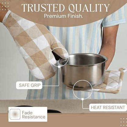 Buffalo Plaid Check Oven Mitts and Pot Holders Set, 100% Cotton, Heat Resistant, Includes 2 Oven Gloves (7x13 Inches) and 2 Hot Pads (8x8 Inches) for Cooking and Baking, Beige White - color: Beige, Buffalo Plaid