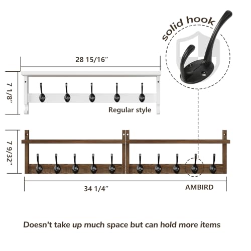 AMBIRD 34.2 inch Wooden Extra-Long Wall Hook Rack with Shelf - Versatile and Decorative Wall-Mounted Storage - 10 Hooks for Hanging Coats, Hats, Scarves - Ideal for Entryways, Bedrooms, Closets - size: 34.2 inch, style: Retro Brown