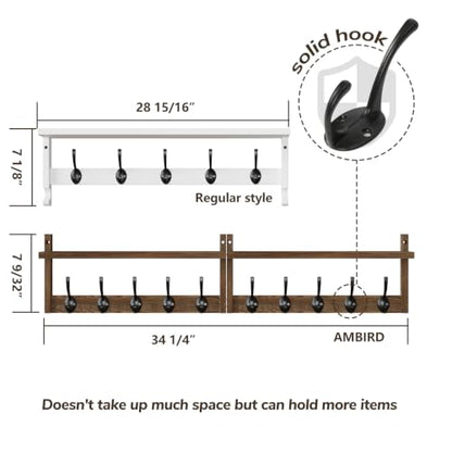 AMBIRD 34.2 inch Wooden Extra-Long Wall Hook Rack with Shelf - Versatile and Decorative Wall-Mounted Storage - 10 Hooks for Hanging Coats, Hats, Scarves - Ideal for Entryways, Bedrooms, Closets - size: 34.2 inch, style: Retro Brown