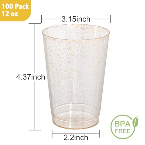 I00000 100 Pack 12 oz Gold Glitter Cups, Premium Clear Disposable Gold Cups | Gold Plastic Wine Glasses, Cocktail Glasses, Heavy Duty, Elegant Glitter Plastic Tumblers for Birthday, Wedding & Party - color: Glitter-12oz-100