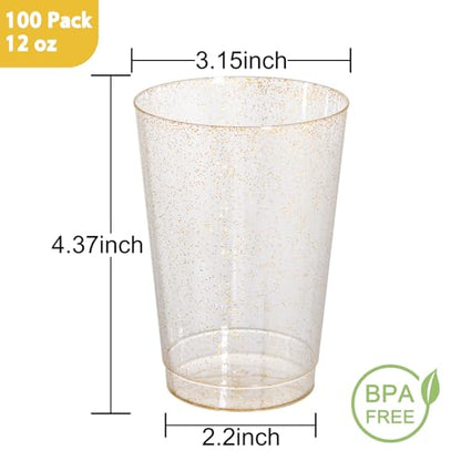 I00000 100 Pack 12 oz Gold Glitter Cups, Premium Clear Disposable Gold Cups | Gold Plastic Wine Glasses, Cocktail Glasses, Heavy Duty, Elegant Glitter Plastic Tumblers for Birthday, Wedding & Party - color: Glitter-12oz-100