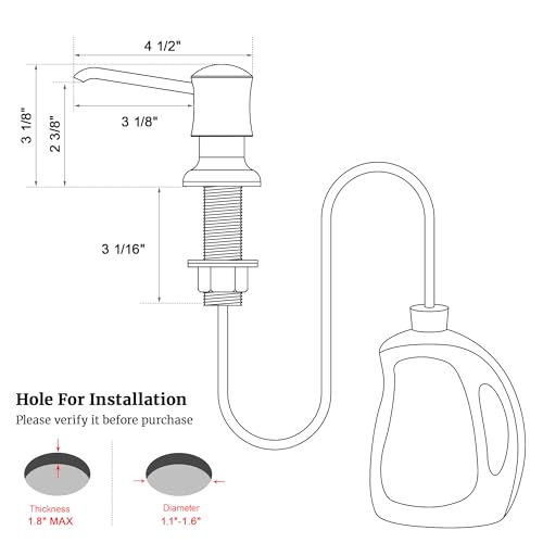 Sink Soap Dispenser for Kitchen Sink Brushed Nickel Upgrade with 40" Silicone Extension Tube Kit, Connect to Your Soap Bottle Directly | Built-in and Reduces Refill Frequency, Simple DIY Installation, Fits 1.1–1.6 in Sink Holes, for Dish Soap or Lotion -