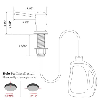 Sink Soap Dispenser for Kitchen Sink Brushed Nickel Upgrade with 40" Silicone Extension Tube Kit, Connect to Your Soap Bottle Directly | Built-in and Reduces Refill Frequency, Simple DIY Installation, Fits 1.1–1.6 in Sink Holes, for Dish Soap or Lotion -