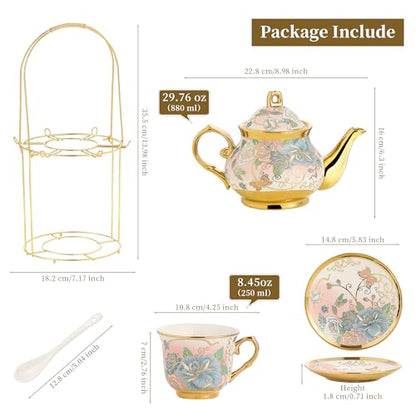 20 Pieces Porcelain Tea Set With Metal Holder, European Ceramic tea set for adults,Flower Tea Set,Tea Set For Women With Flower Painting (VIVID YELLOW, Largr Vision) - color: VIVID YELLOW
