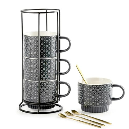 Gomakren Coffee Mugs Set of 4, 13oz Stackable Coffee Cup with Stand, Grey | Stackable Space-Saving, with 4 Spoons | Textured Grey Grid Stoneware Dishwasher Safe, for Coffee Milk Tea Cocoa & Gifting Use - color: Gray