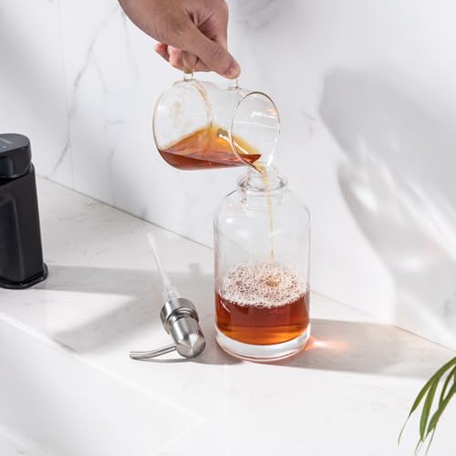Glass Soap Dispenser Clear with Brushed Nickel Pump, 16.9 OZ Liquid Soap Dispenser Cylindrical with Stainless Steel Pump for Dish Hand Soap Bathroom Kitchen Vanity Countertop - color: Brushed Nickel, size: 16.9 oz
