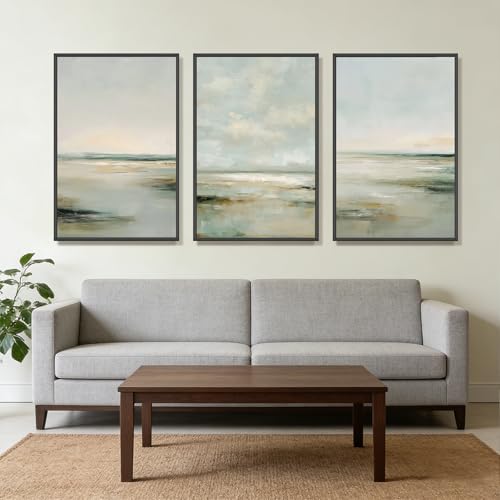 Large 3 Piece Canvas Wall Art for Living Room, 24x36 Inch Abstract Coastal Seascape Modern Sage Green Framed Prints, Gallery Wrapped Home Decor for Bedroom Office, Ready to Hang - color: Coastal Panels, size: 36"L X 24"W
