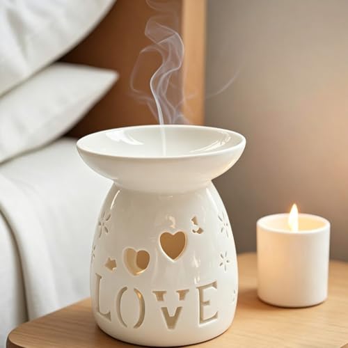 Ceramic Tealight Candle Holder Love Essential Oil Burner Ornament with Spoon for Yoga Spa, Oil Diffuser Aromatherapy Wax Melt Burners for Bedroom Home Decoration (White)